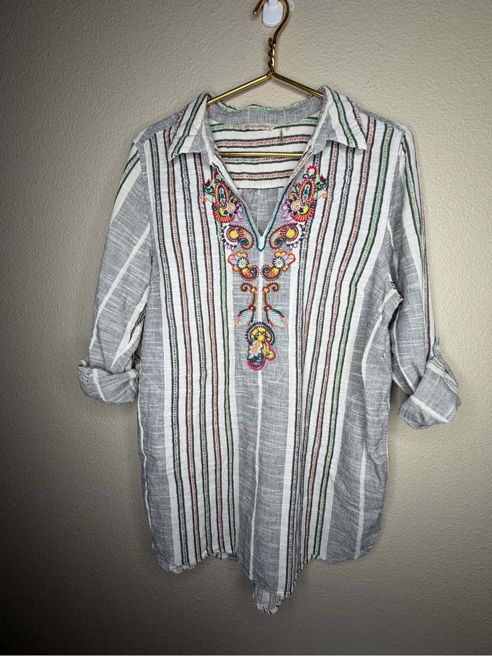 Soft Surrounding Brookhaven Tunic V Neck Floral Embroidered Striped Size L Boho